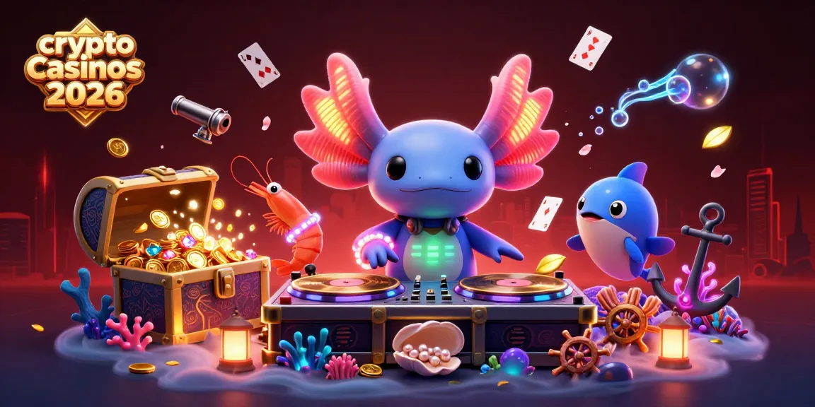 Illustration festive de crypto casinos 2026 avec un DJ axolotl et des crevettes dansantes.
