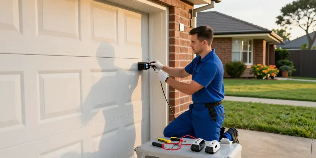Garage door sensor repair technician troubleshooting a roller door sensor.