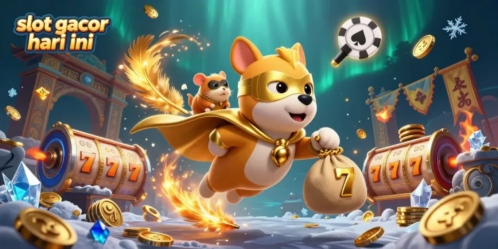 Spin to win with slot gacor hari ini featuring a superhero dog amid vibrant casino elements.