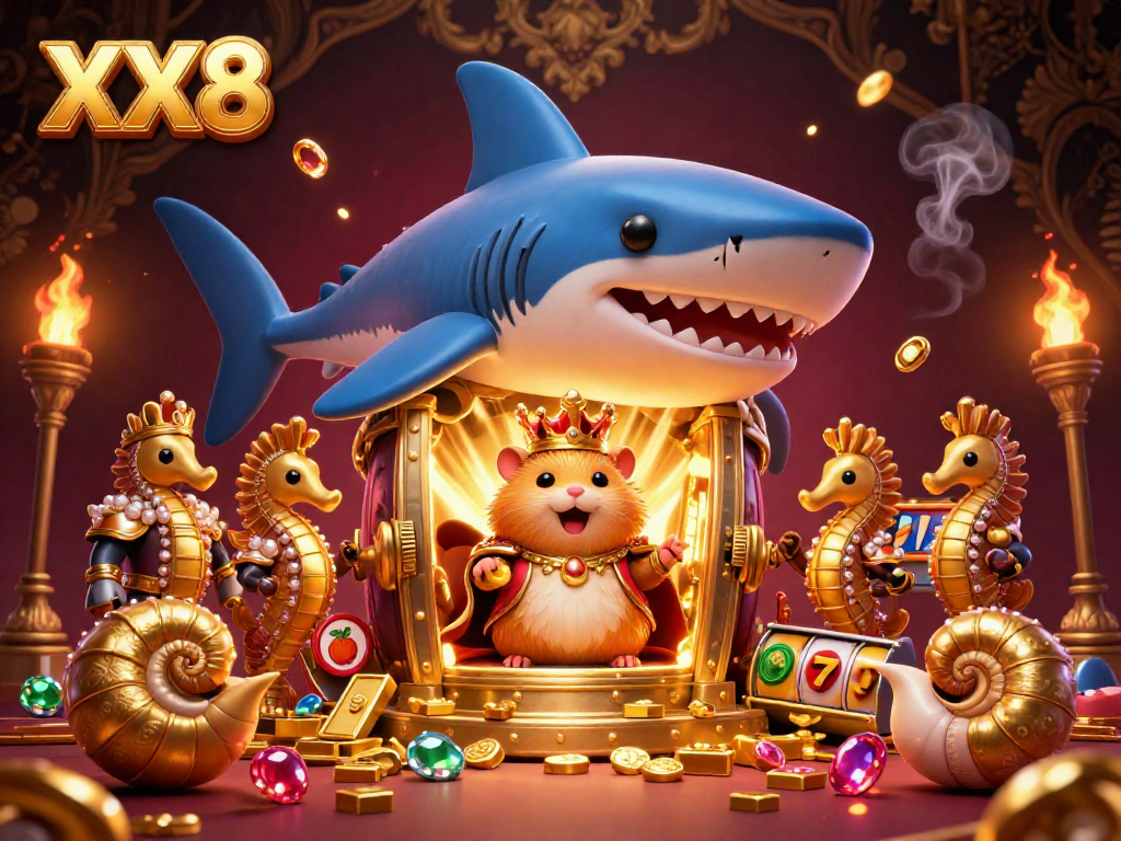 Experience the thrill of winning with XX8 as the golden hamster king oversees a vibrant casino scene.