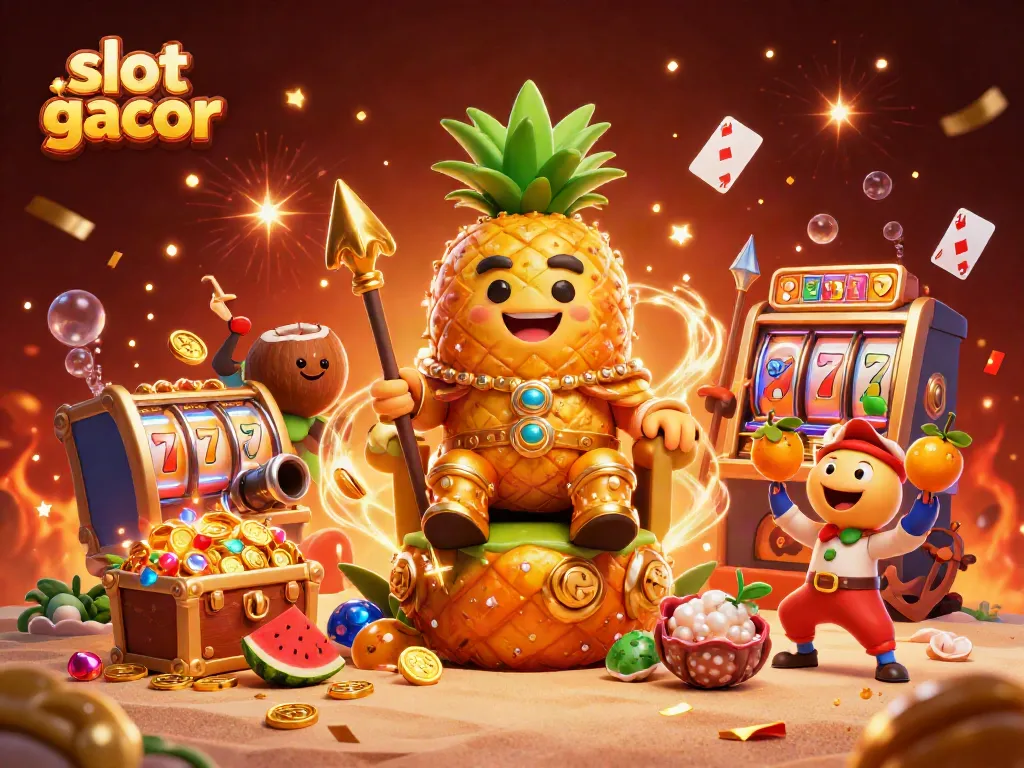 Experience slot gacor with a 3D pineapple king, colorful gems, and casino elements in vibrant illustration.