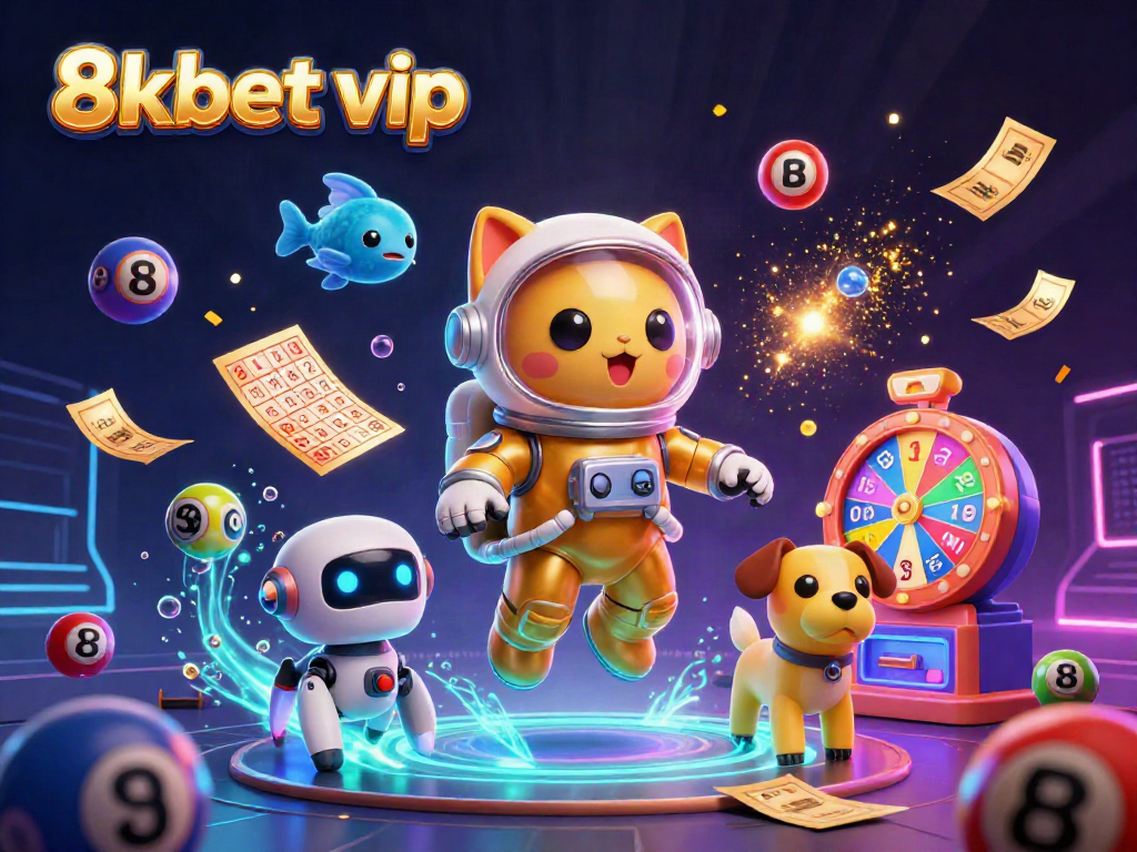 Experience 8kbet vip with an exciting cosmic lottery scene packed with vibrant casino elements.