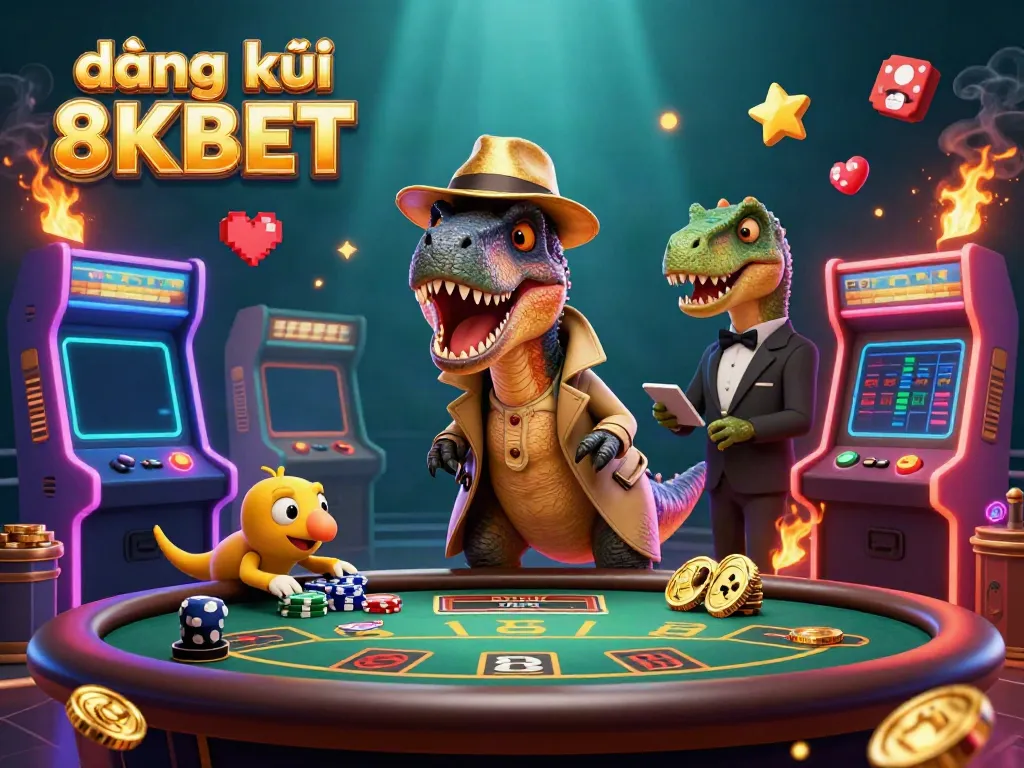 Register with 8KBET by encountering a velociraptor at the casino gaming table, enjoying thrilling action.