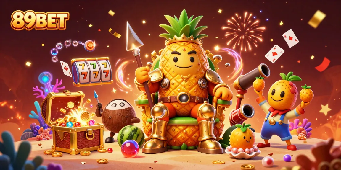 Engage with 89BET through vibrant 3D illustration featuring a golden pineapple king and lively casino activities.
