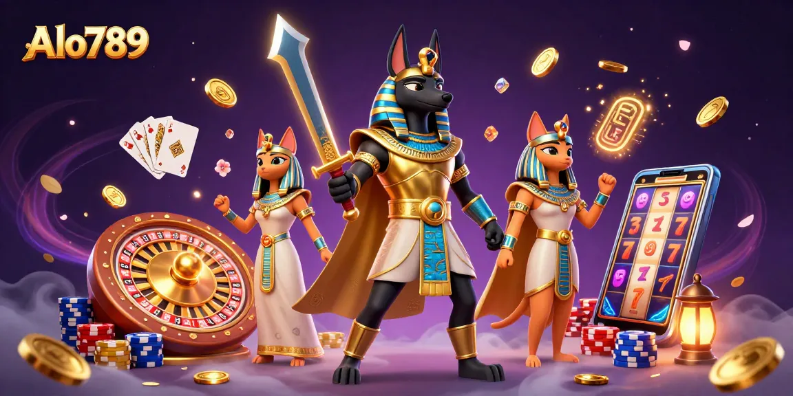 Alo789 engages players with vibrant casino action featuring Anubis, the sacred cat Bastet, and dynamic game elements.