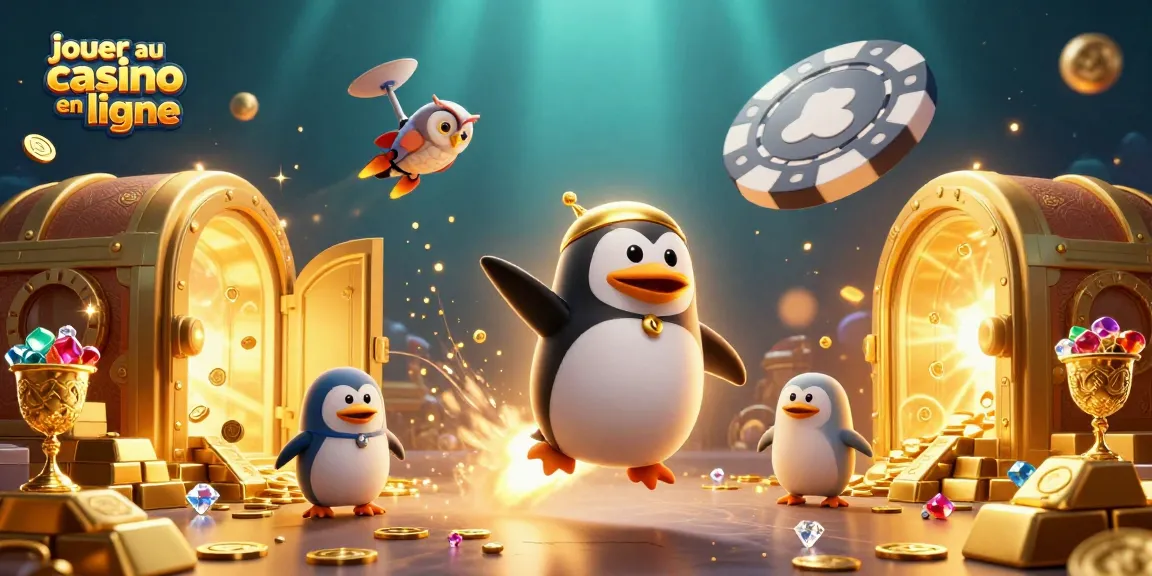 Jouer au casino en ligne avec un pingouin doré et une station spatiale sous un ciel étoilé.