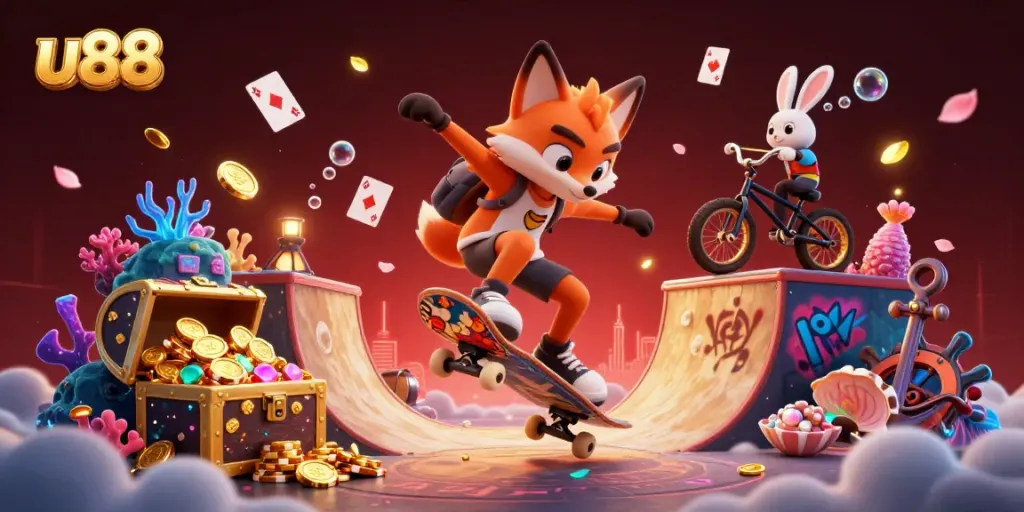 Experience thrilling gaming action with u88 illustrated in a vibrant casino-themed scene.
