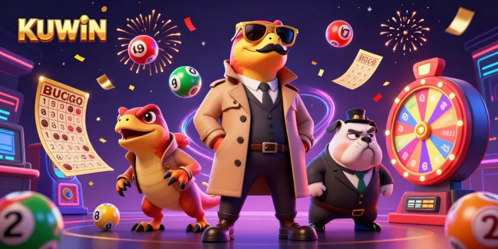 KUWIN raptors sneak into a casino with colorful lottery balls and confetti surrounding them.