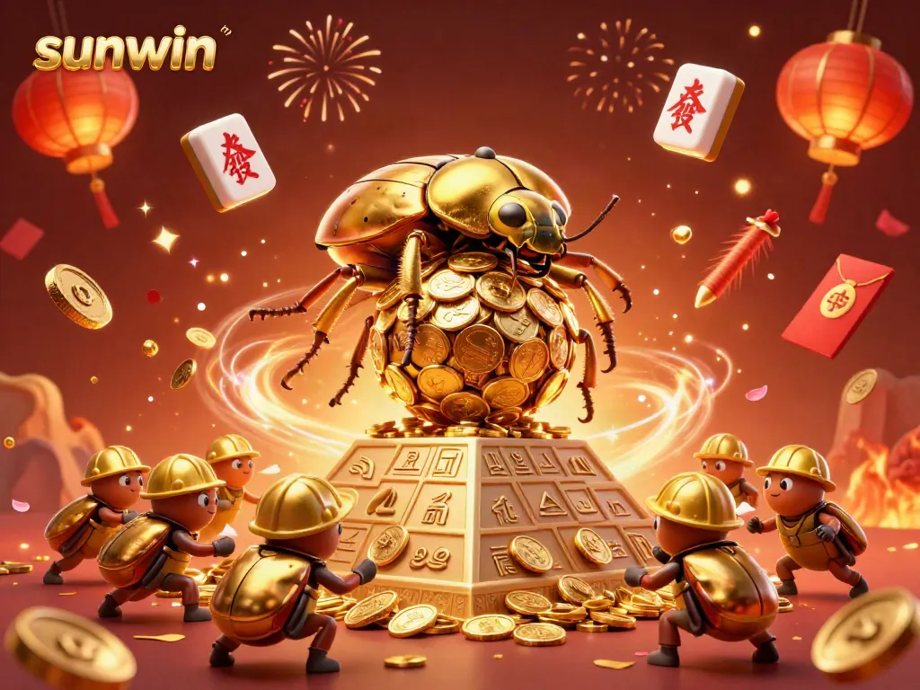 Experience the excitement of sunwin with a golden beetle and casino elements illustrating a vibrant gaming environment.