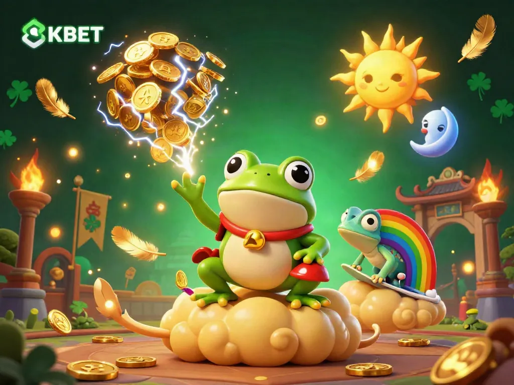 Experience thrilling moments at 8KBET with a colorful scene of a wizard frog casting golden coins amidst gaming excitement.