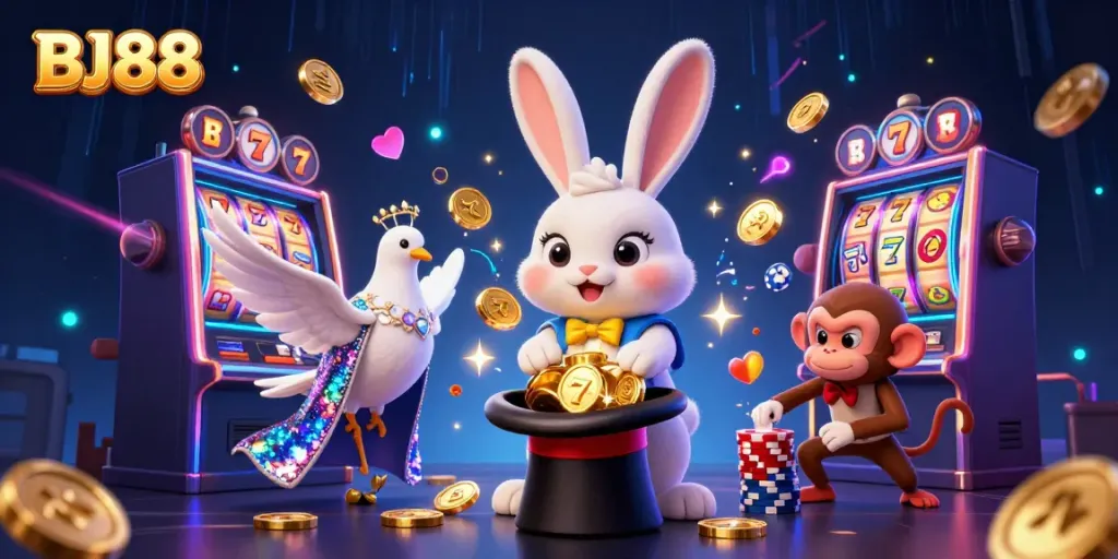 Experience the thrill of BJ88 with a vibrant casino scene featuring a magician rabbit, golden coins, and dynamic slots.