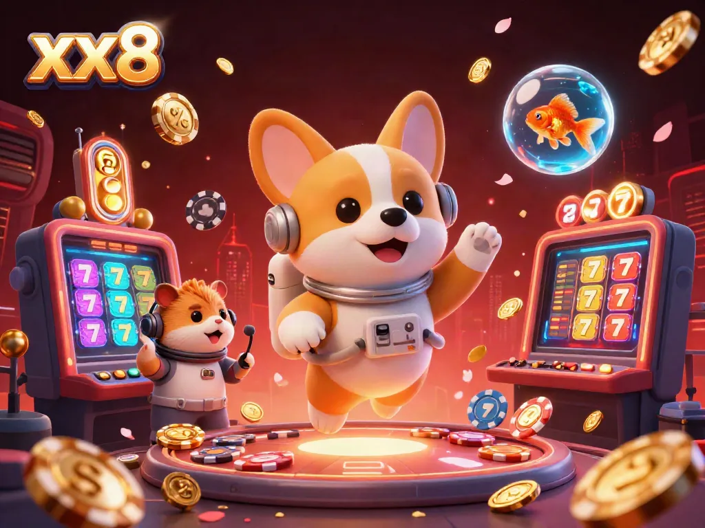 The corgi astronaut interacts joyfully in a space casino while exciting xx8 slot reels spin abundantly around.