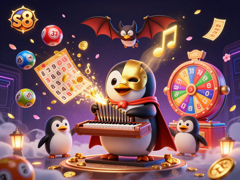 S8 players enjoy thrilling gameplay with a penguin organist showering coins in this vibrant casino scene