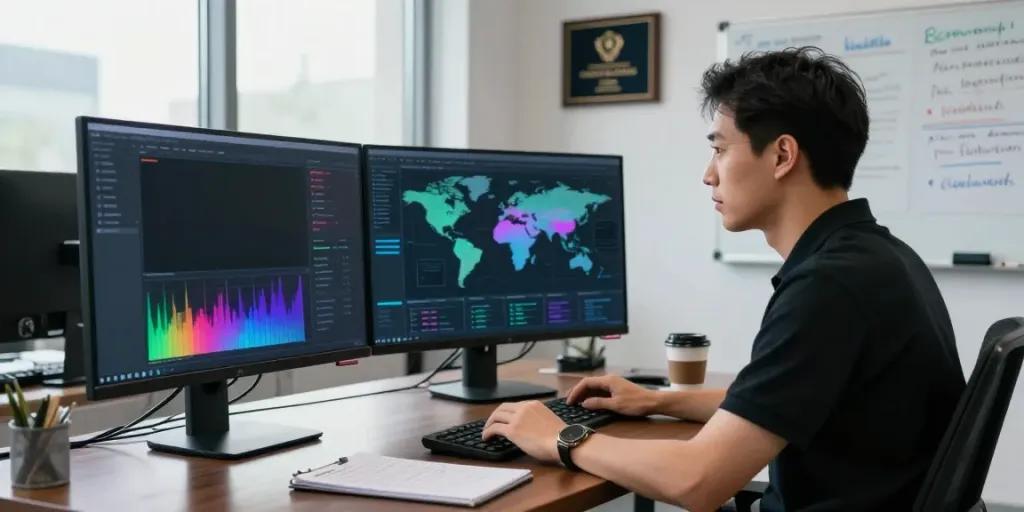 Cybersecurity analyst monitoring multiple screens for latest cybersecurity news and threat intelligence.