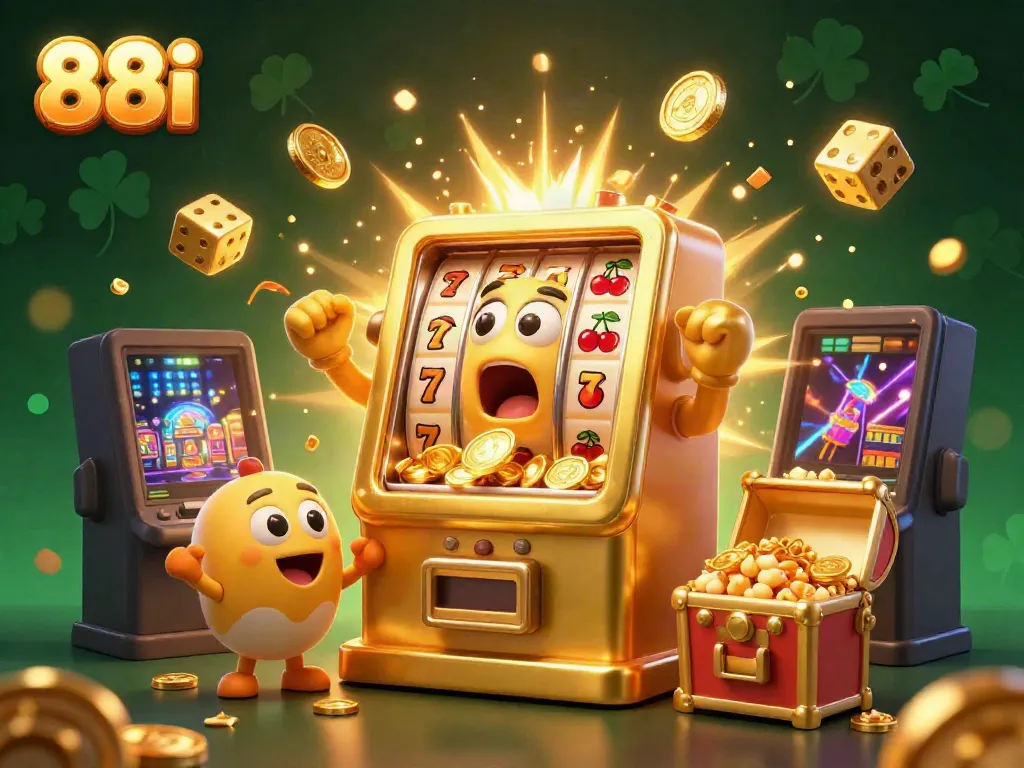 Celebrate your winning moments with 88i at this vibrant casino-themed illustration featuring slot machines and colorful game elements.