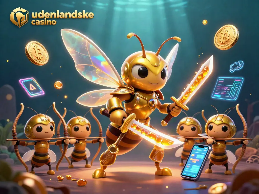 Engage with udenlandske casino through a vibrant 3D illustration of a golden hornet samurai and bee archers.