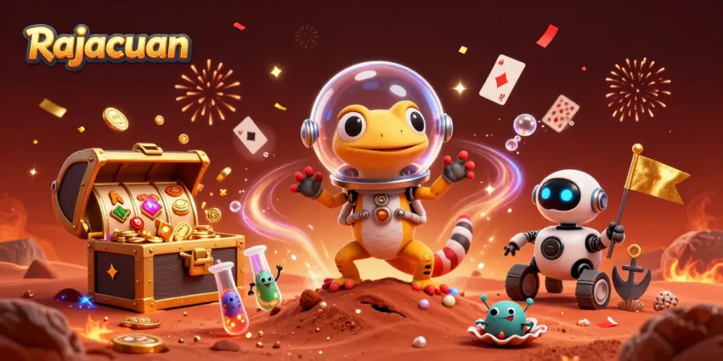 Explore the vibrant Rajacuan casino scene with a Martian gecko and robot rover discovering treasures.