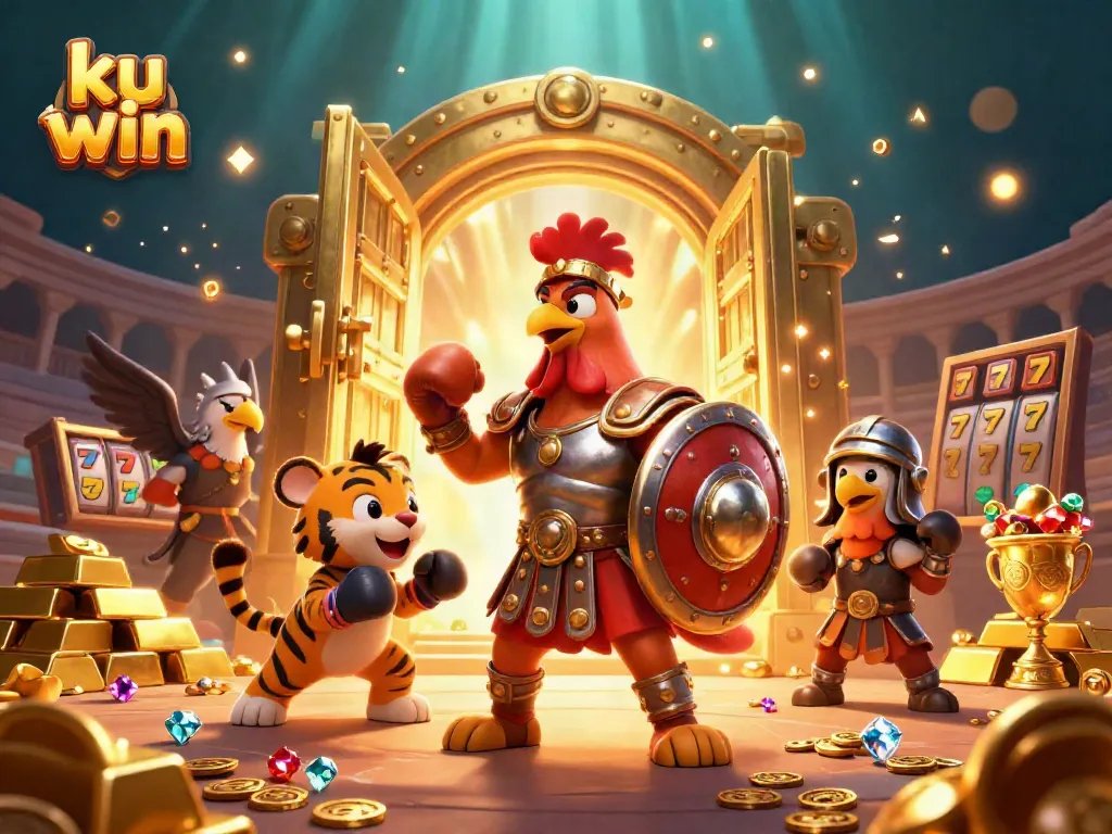 Experience the thrill of ku win with a dynamic 3D scene filled with casino treasures and characters.