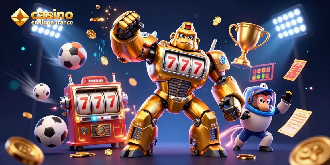 Jouez à casino en ligne France avec le gorille robot et des éléments de sports dynamiques.