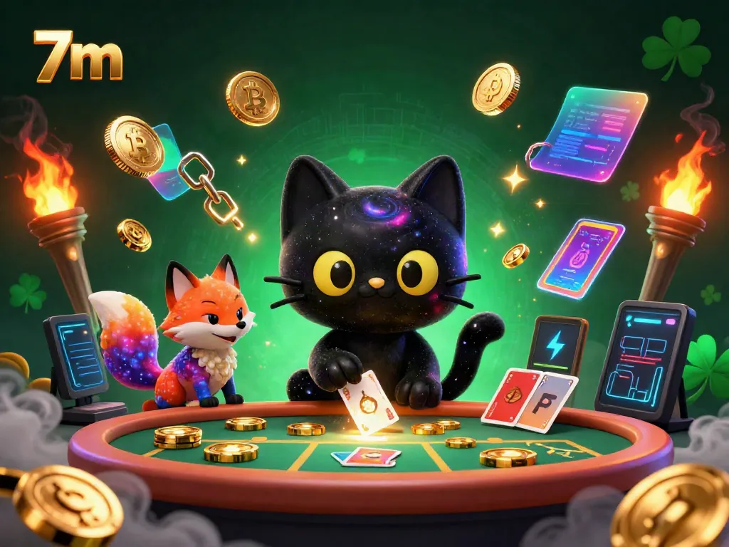 Engage in the exciting world of 7m as the black hole cat attracts golden betting chips at a cosmic casino.