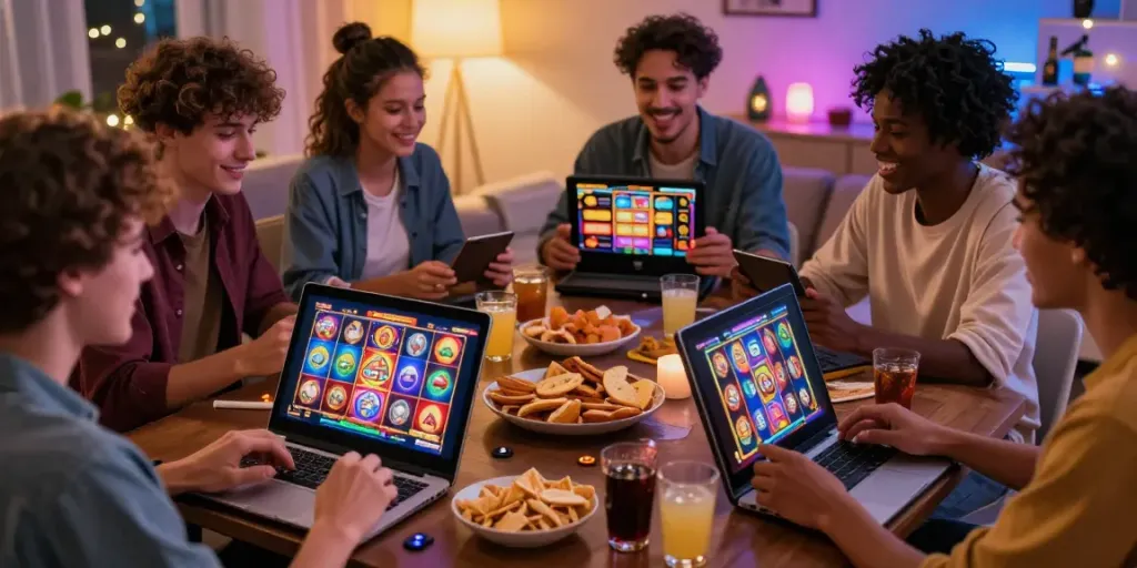 Pengalaman bermain judi slot online di wira55 dengan teman-teman di ruang tamu yang ceria.