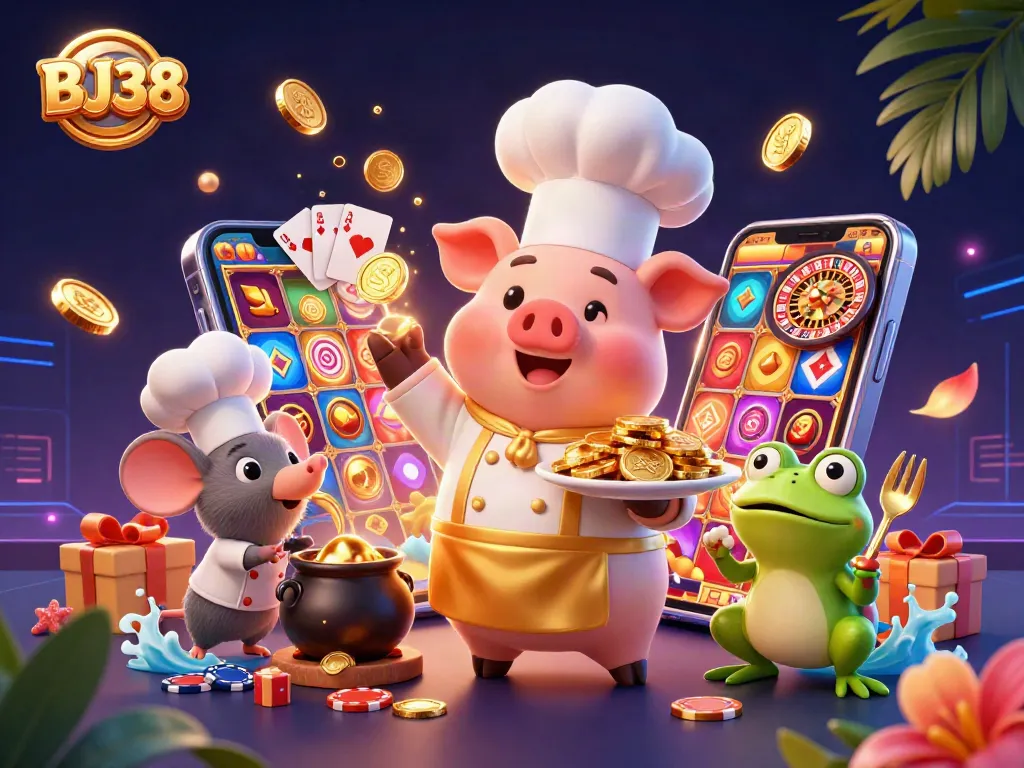 Experience BJ38 Casino Excitement with Cartoon Characters Serving Gold Coins and Slot Games