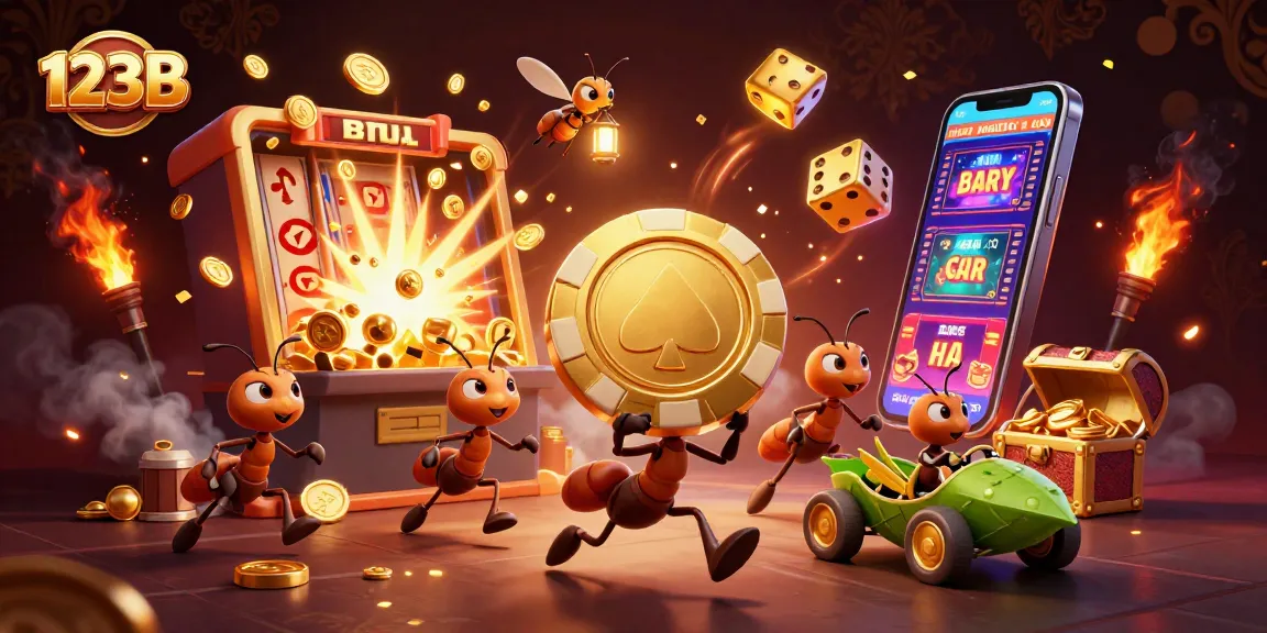 123B showcases a heist scene with ants carrying a giant poker chip, surrounded by vibrant casino elements.