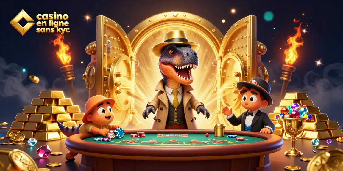 Illustration d'un velociraptor jouant au casino en ligne sans KYC avec un stegosaurus et un compy chapardeur.