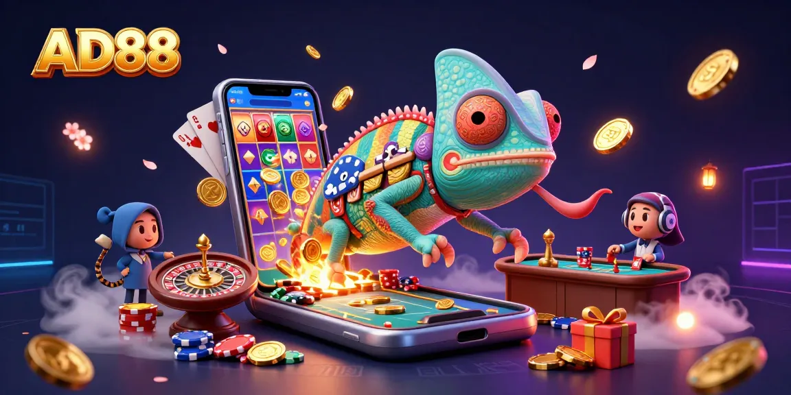 Engage with AD88's vibrant casino experience and colorful slot games in a dynamic 3D illustration.