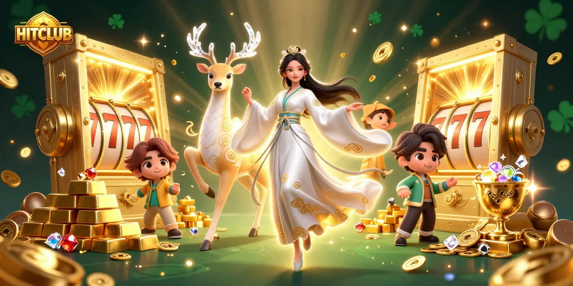 HITCLUB gaming experience with a stunning Asian woman, celestial deer, slot reels, and vibrant treasures.