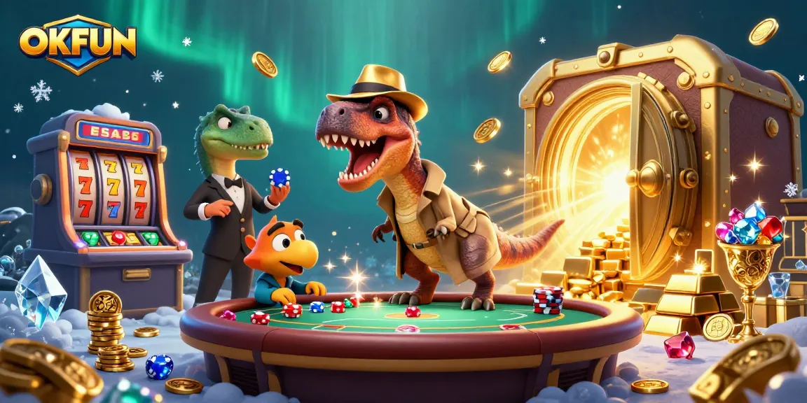 Experience thrilling action at OKFUN casino with cartoon characters in vibrant 3D illustration.