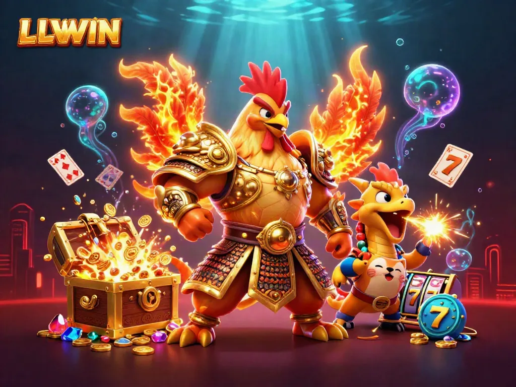 Experience the excitement of LLWWIN with a dynamic illustration featuring a rooster warrior and dragon hatchling amidst a treasure-filled casino.
