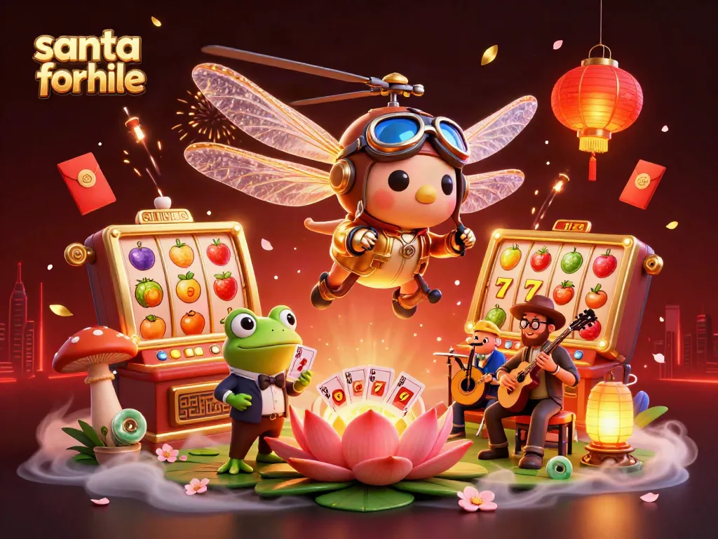 Experience winning moments with a festive 'santa for hire' themed casino scene featuring vibrant characters and games.