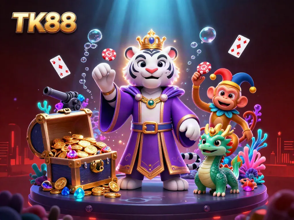 Engage with TK88's thrilling slot adventures in a vibrant 3D illustration featuring dynamic gaming elements and enchanting characters.