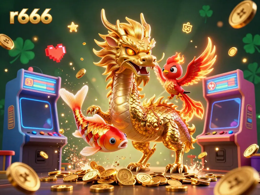 Experience the thrill of r666 casino gaming with a golden dragon, phoenix, and koi fish in a vibrant 3D scene.