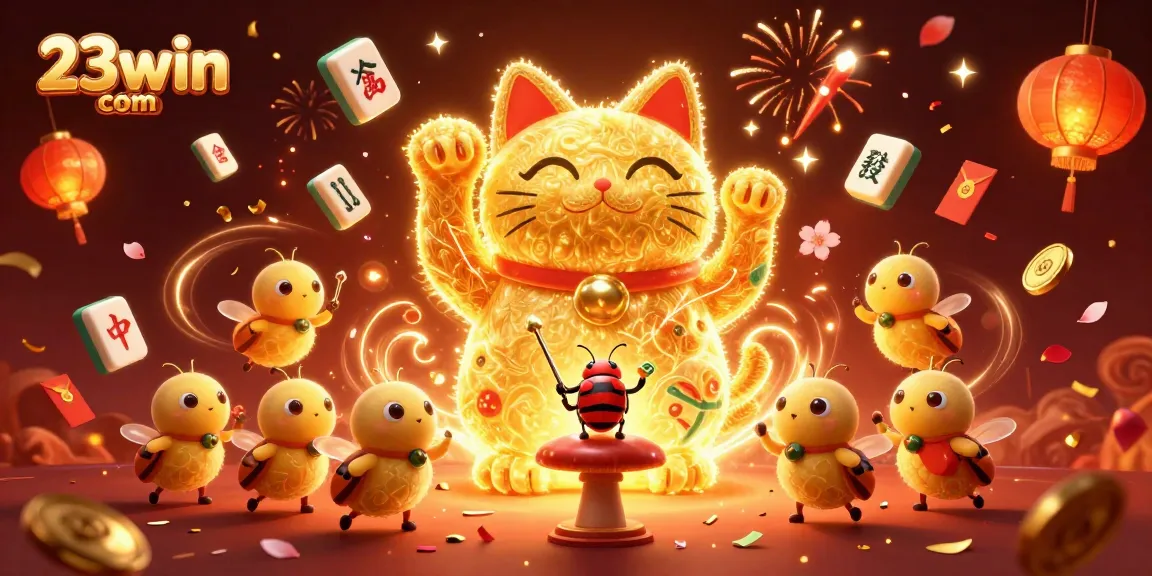 Experience the vibrant excitement of 23win com with a dynamic casino-themed illustration showcasing a lucky cat.