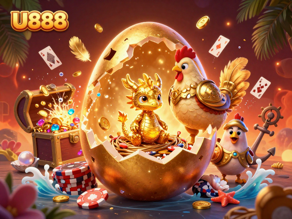 Experience U888's thrill with a golden dragon and poker chips in a vibrant casino adventure illustration.