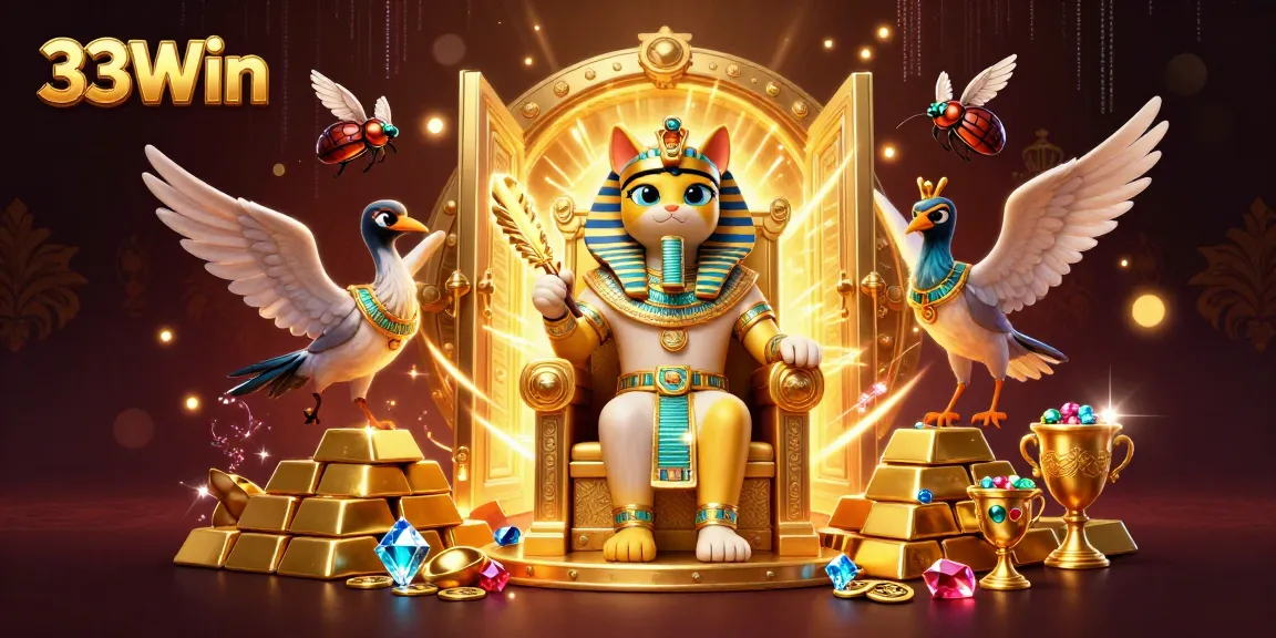 Experience the thrilling 33Win game with a vibrant 3D scene showcasing golden treasures and an Egyptian pharaoh cat.