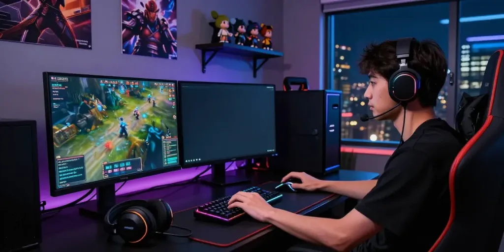 Gamer focused on ROKOK88 login at a dual-monitor gaming setup with vibrant graphics.