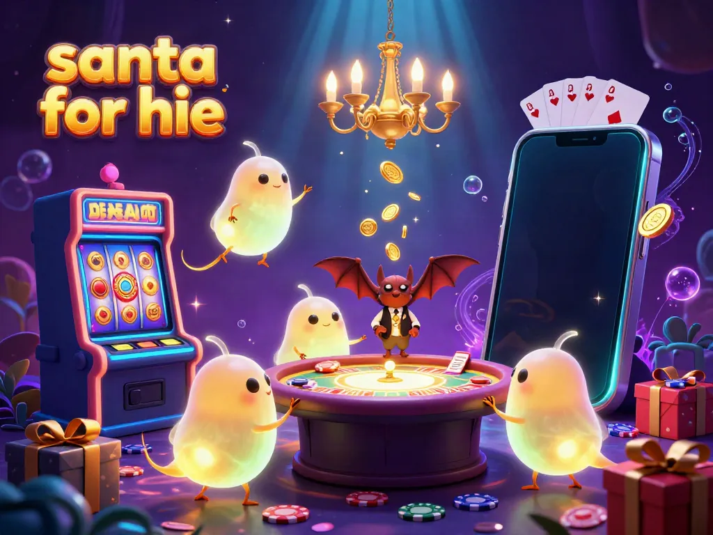 Exciting scene featuring santa for hire illuminated by glowworms in a vibrant underground casino.