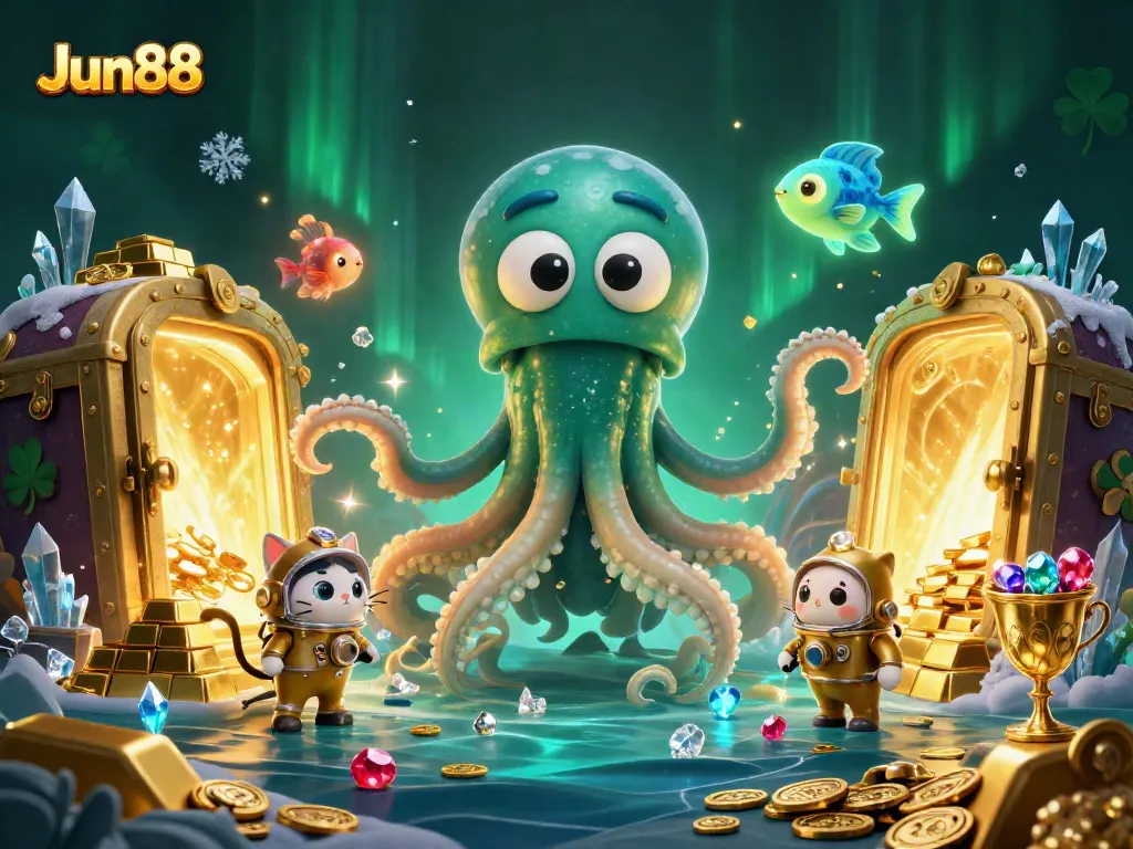 Experience the thrill at Jun88's colossal casino with a kraken and a diving cat amid jewels and treasures.