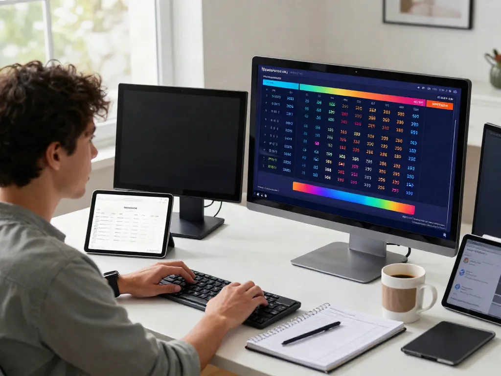 The enthusiastic player checking AMANAHTOTO online lottery results in a bright home workspace.
