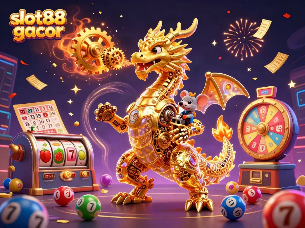 Ilustrasi slot88 gacor dengan naga emas dan elemen permainan kasino lainnya untuk pengalaman visual yang menarik.