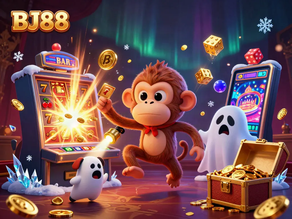 Experience exciting moments at BJ88 with a playful poltergeist monkey juggling casino treasures.