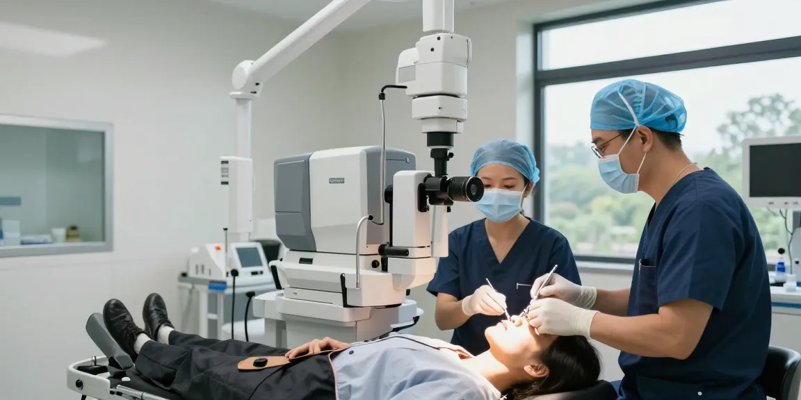 Patient undergoing 올레이저 라섹 디시 procedure at a modern eye clinic.