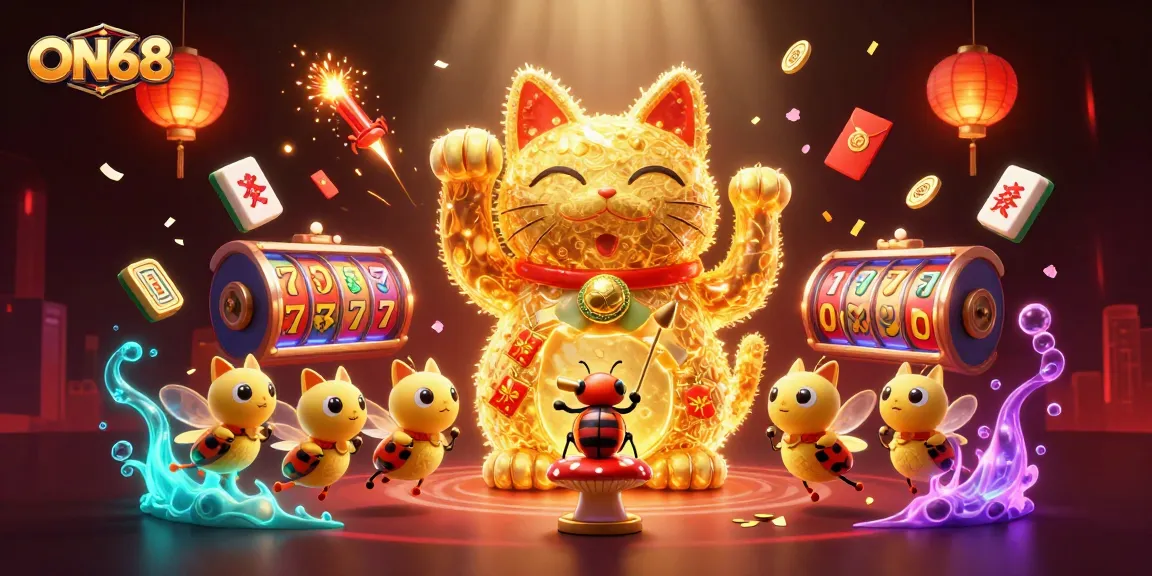 Engage with ON68's exciting gaming adventure featuring vibrant slot reels and a lucky cat!