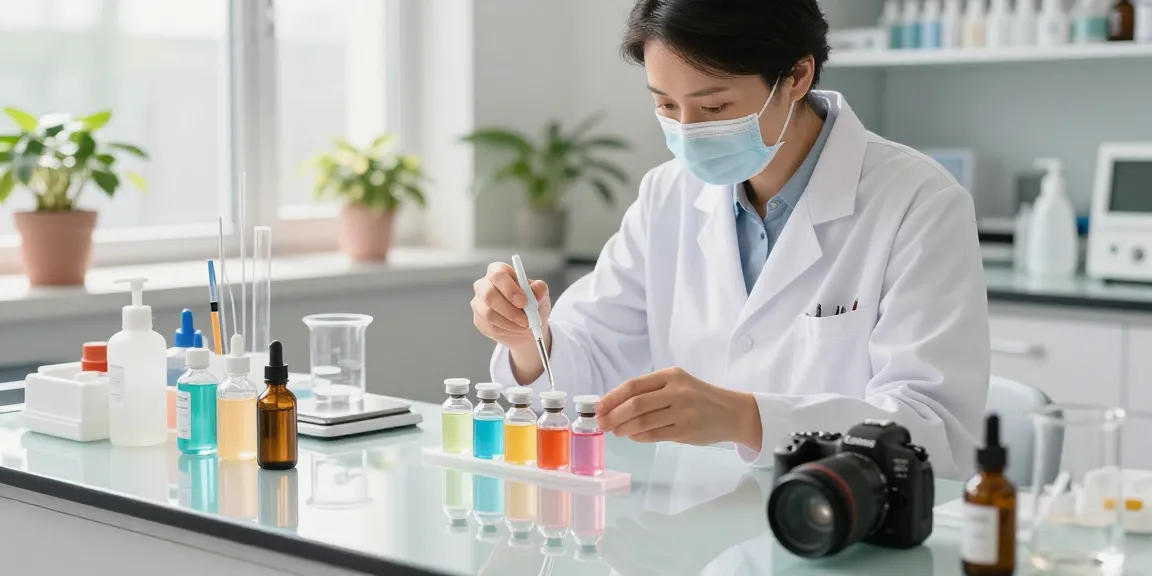 Skin repair peptide formulations being prepared by an expert in a bright skincare lab, showcasing innovative ingredients.