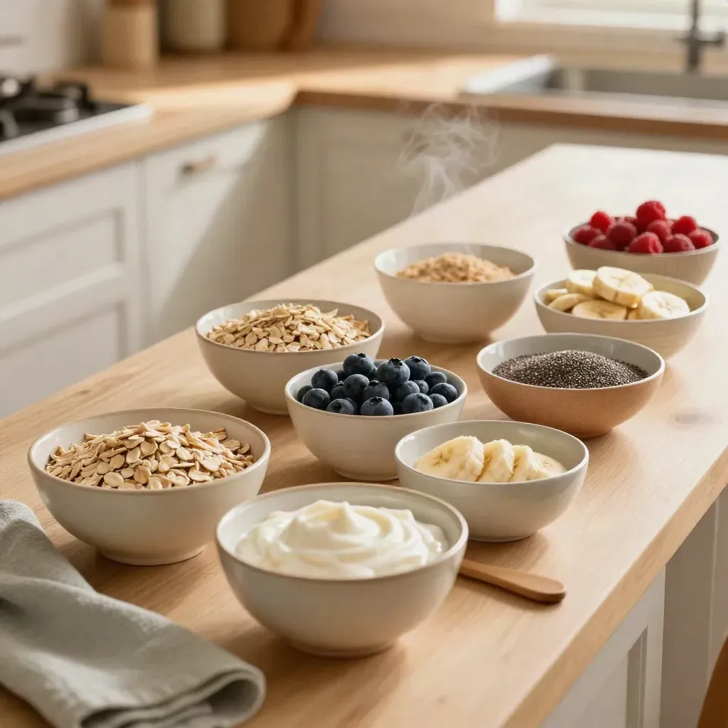 Seven breakfast prep bowls with oats, yogurt, berries, and banana on a pale wood counter.