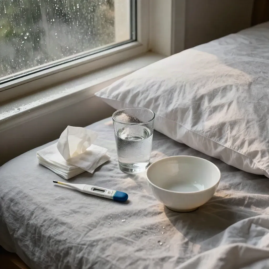 Rain-soaked bedside care kit with thermometer, tissues, water, cloth and bowl by a pillow.