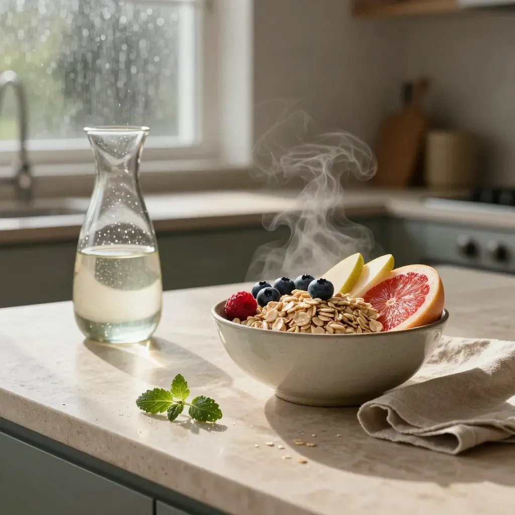 Stoneware oats bowl with berries, pear, grapefruit and carafe on a pale stone island at dawn.